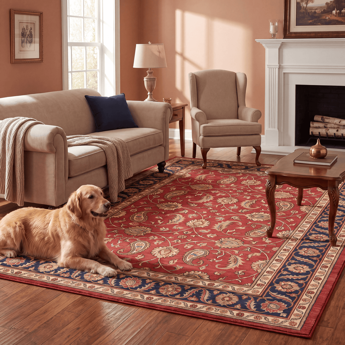 A dog resting on the rug in a living room.