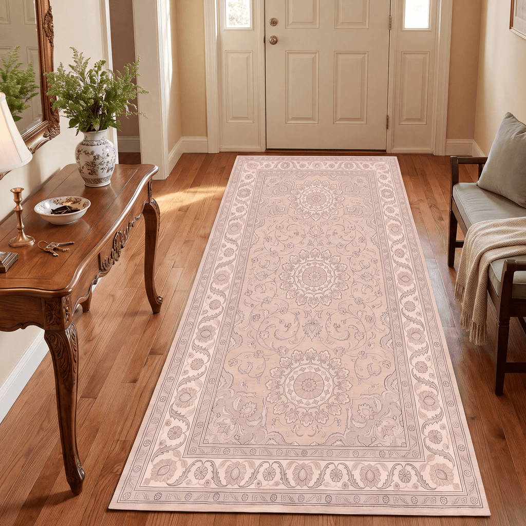 Headland2 Traditional Medallion Border Beige Grey Blush Cream Washable Indoor Outdoor Entryway Rug - RugzellaDigital Print RugRugzellaRugzellaBBB422-RECT-24x47-60x120cmRGZLLA122161Rectangle2' x 3'11" (60x120 cm)RUNNER | Headland2 runner entryway