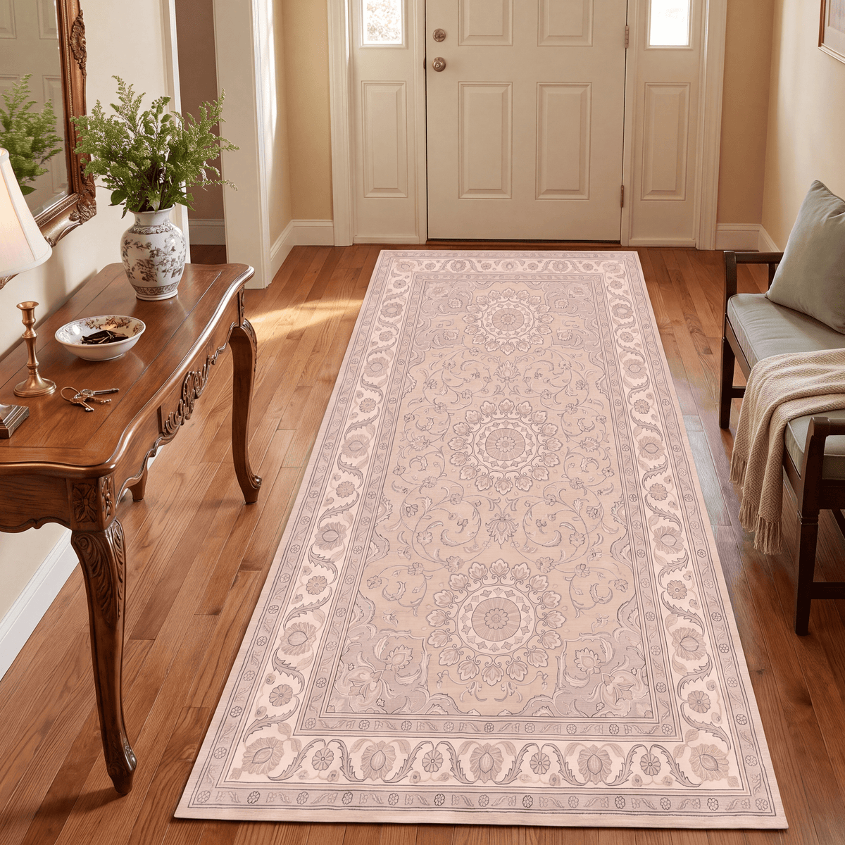 Headland2 Traditional Medallion Border Beige Grey Blush Cream Washable Indoor Outdoor Entryway Rug - RugzellaDigital Print RugRugzellaRugzellaBBB422-RECT-24x47-60x120cmRGZLLA122161Rectangle2' x 3'11" (60x120 cm)RUNNER | Headland2 runner entryway