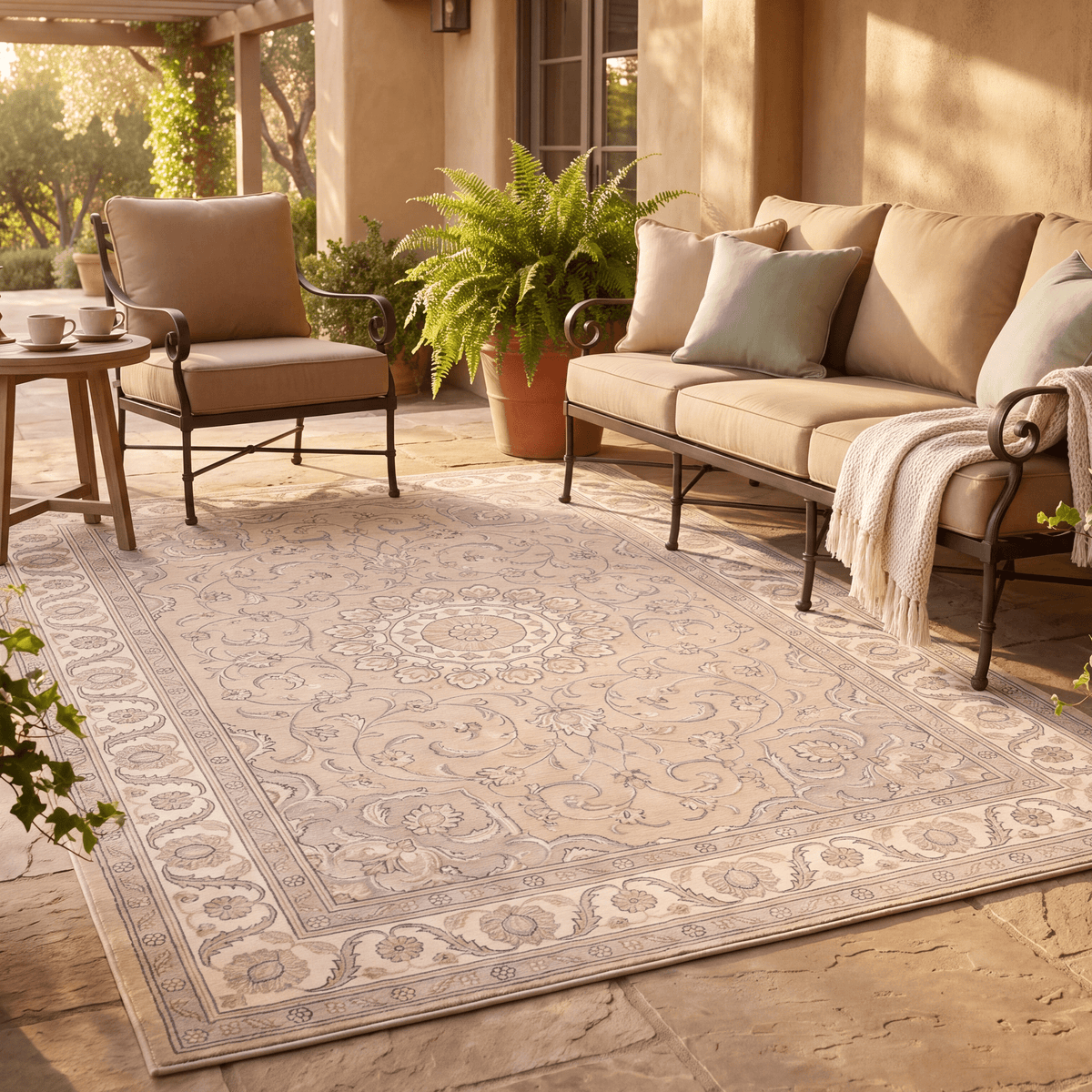 The rug laid flat on a patio beside outdoor seating.