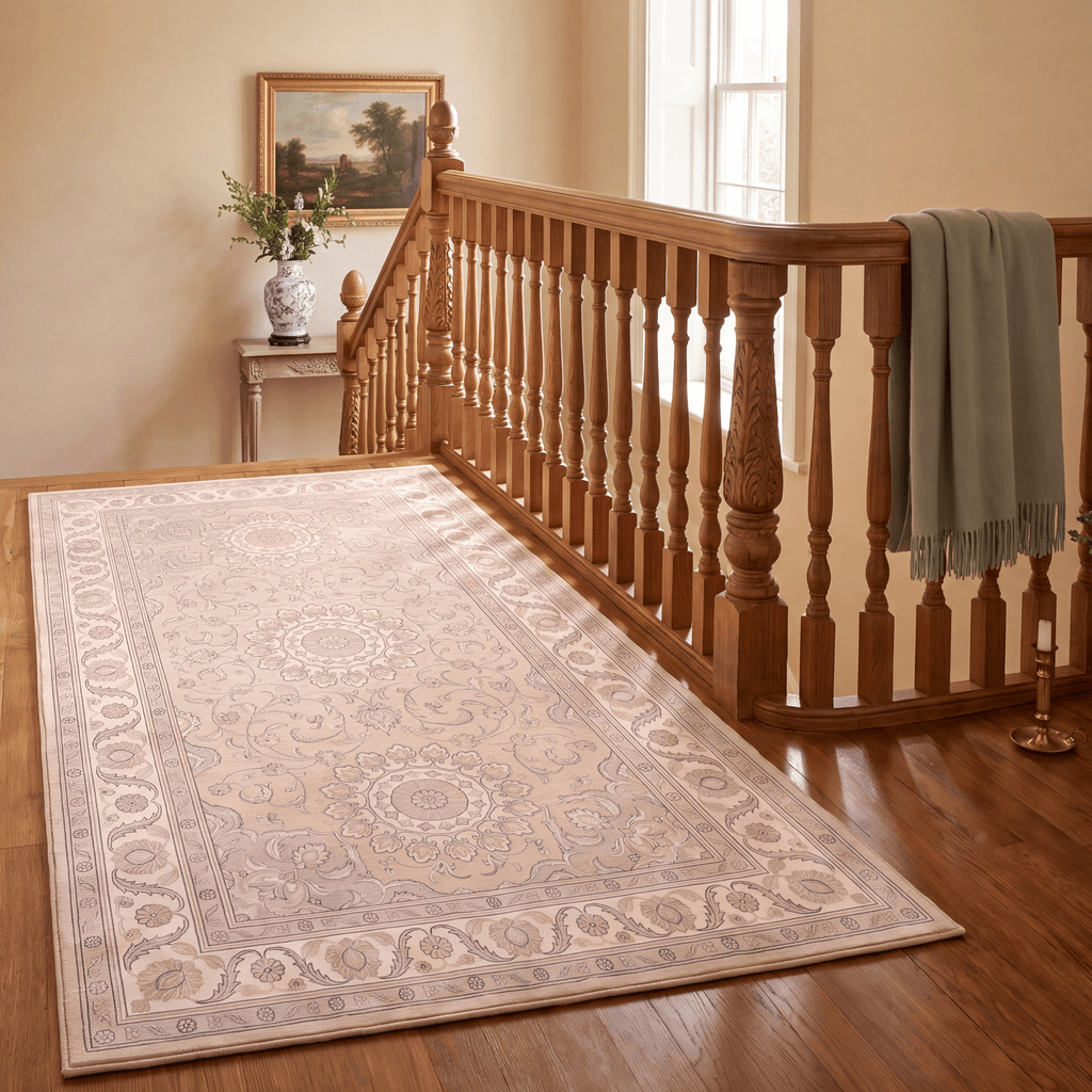 Headland2 Traditional Medallion Border Beige Grey Blush Cream Washable Indoor Outdoor Entryway Rug - RugzellaDigital Print RugRugzellaRugzellaBBB422-RECT-24x47-60x120cmRGZLLA122161Rectangle2' x 3'11" (60x120 cm)RUNNER | Headland2 runner staircase