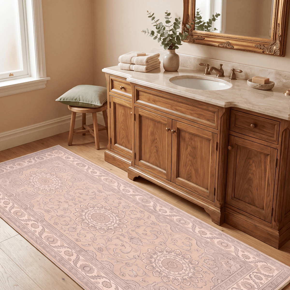 Headland2 Traditional Medallion Border Beige Grey Blush Cream Washable Indoor Outdoor Entryway Rug - RugzellaDigital Print RugRugzellaRugzellaBBB422-RECT-24x47-60x120cmRGZLLA122161Rectangle2' x 3'11" (60x120 cm)RUNNER | Headland2 runner bathroom
