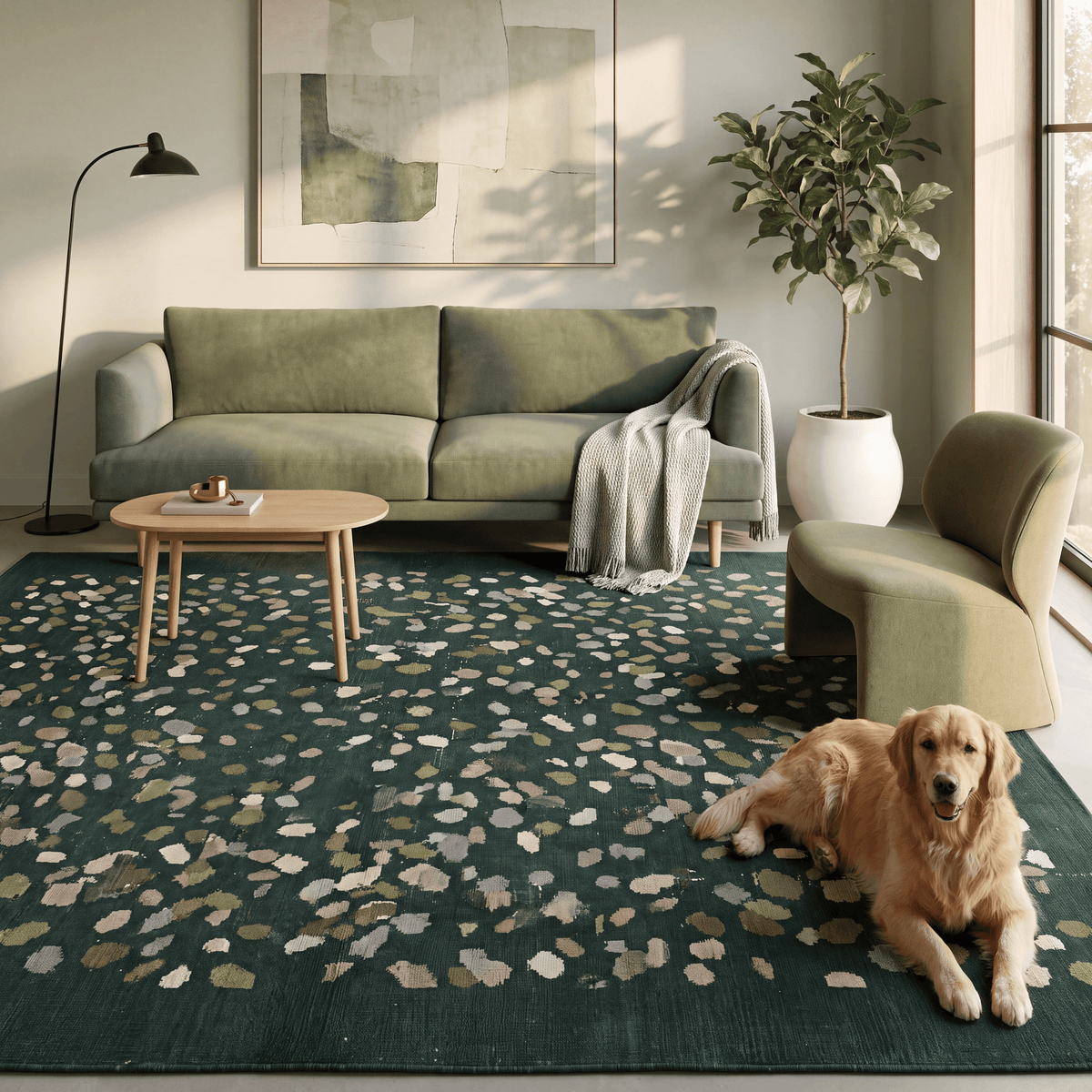 A dog resting on the rug in a living room.