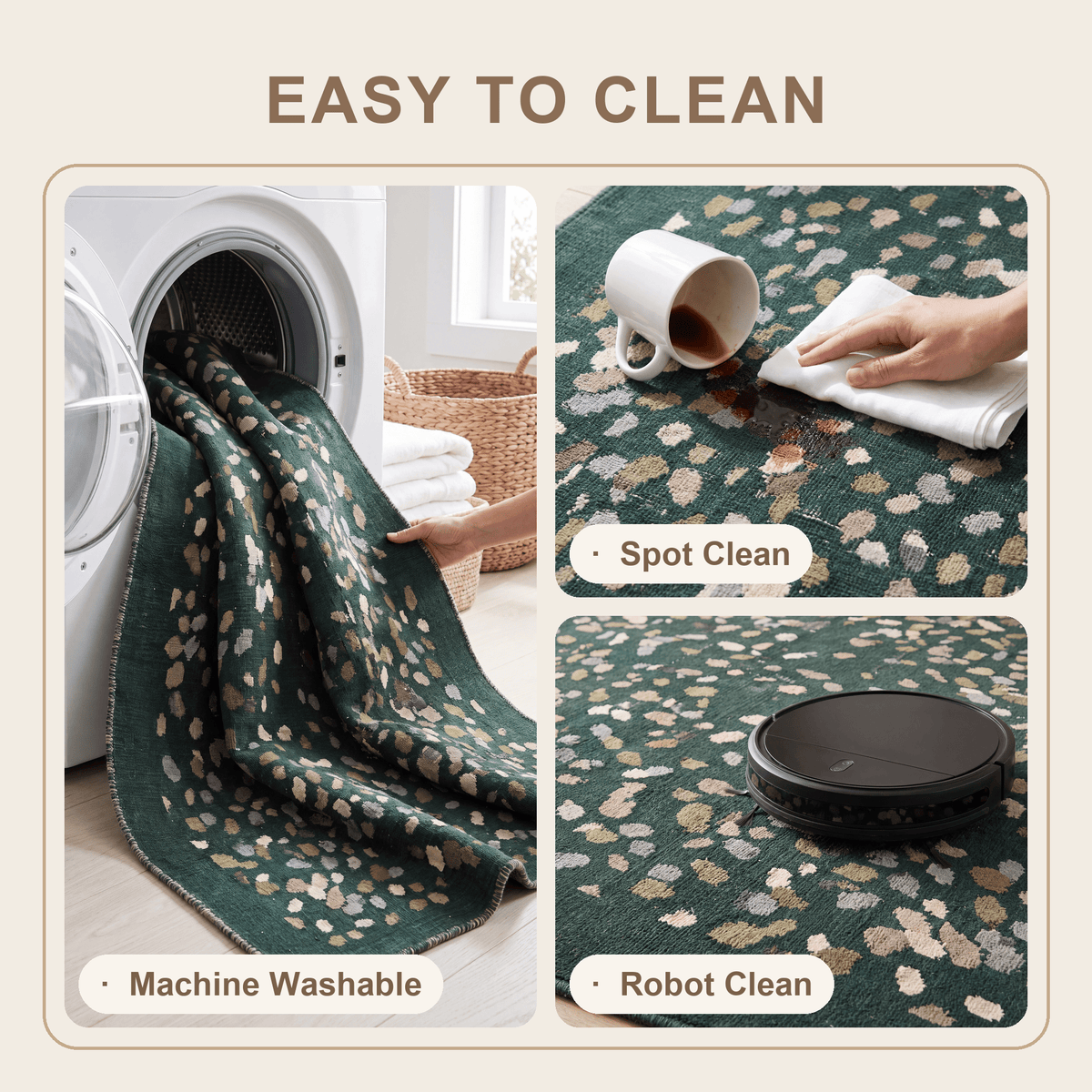 Heartsease Modern Speckled Mosaic Dot Forest Green Moss Bone Washable Indoor Outdoor Entryway Rug - RugzellaDigital Print RugRugzellaRugzellaBBB574-RECT-24x47-60x120cmRGZLLA172746Rectangle2' x 3'11" (60x120 cm)SHARED | Heartsease feature clean