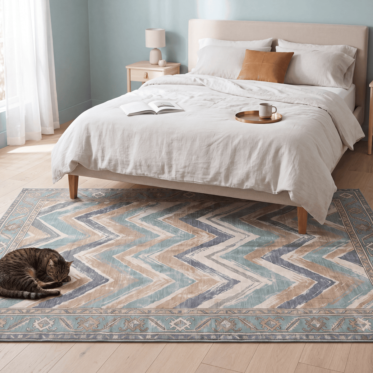 The rug at the foot of a bed with a cat asleep on it.