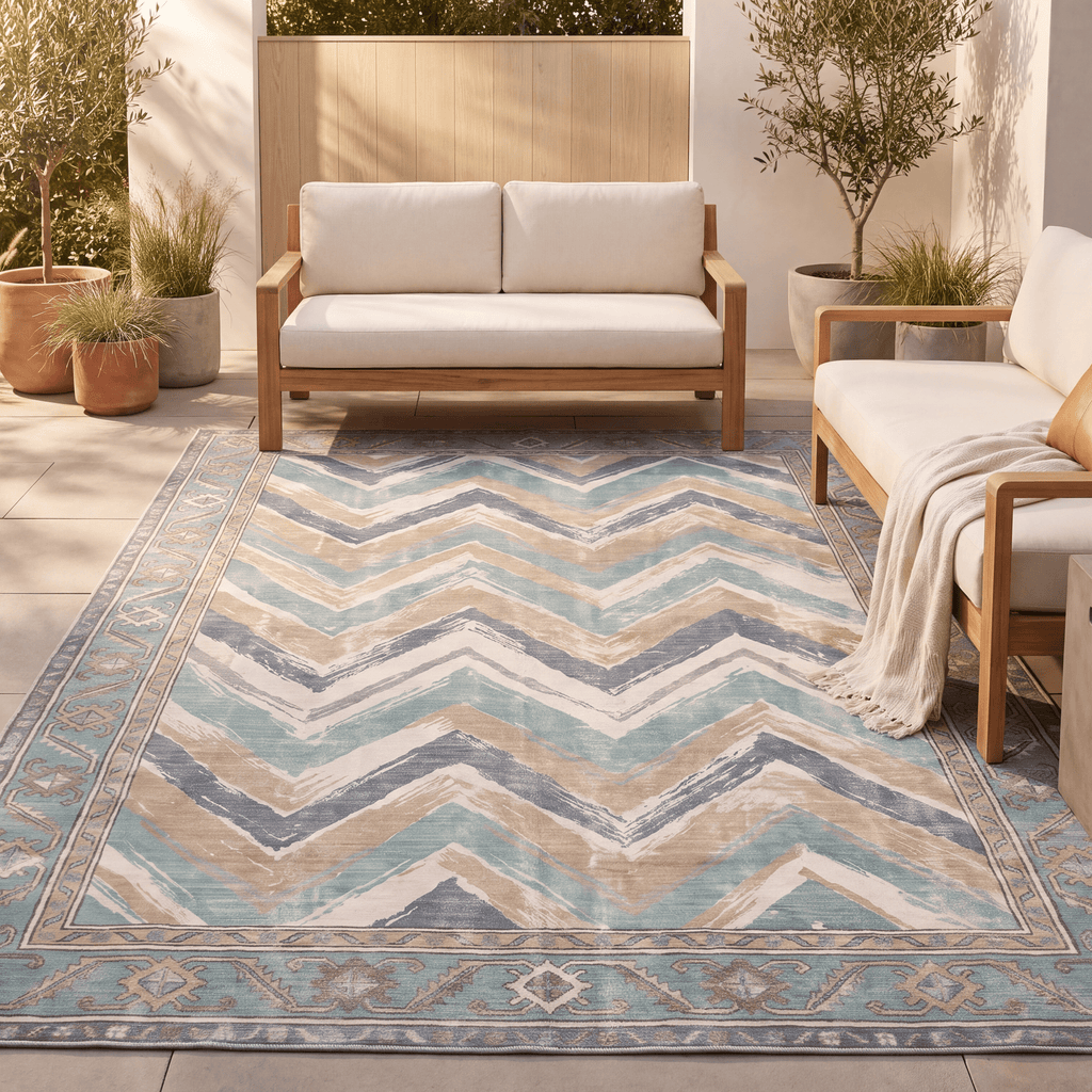 Heath2 Modern Brushstroke Stripe Teal Beige Slate Washable Indoor Outdoor Rug - RugzellaDigital Print RugRugzellaRugzellaBBB423-RECT-24x47-60x120cmRGZLLA122496Rectangle2' x 3'11" (60x120 cm)RECTANGLE | Heath2 rectangle outdoor