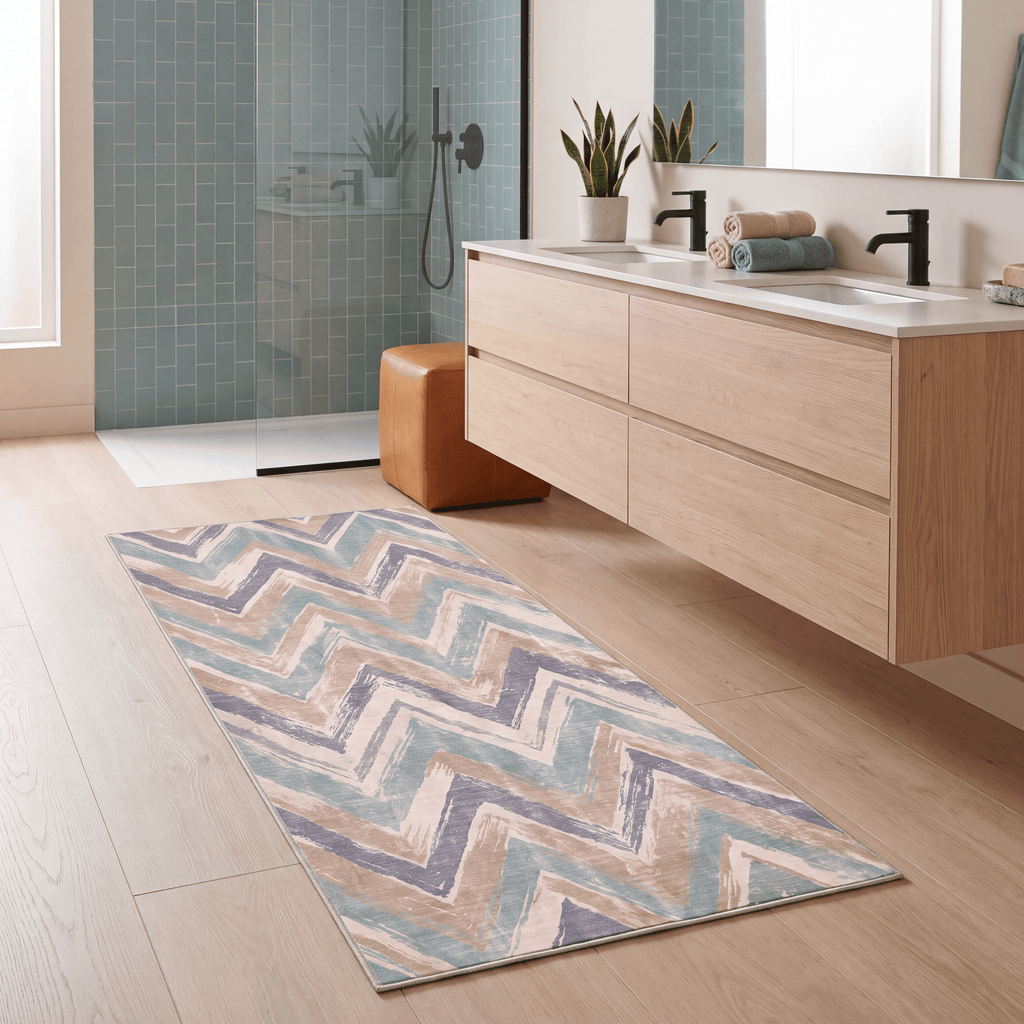 Heath2 Modern Brushstroke Stripe Teal Beige Slate Washable Indoor Outdoor Rug - RugzellaDigital Print RugRugzellaRugzellaBBB423-RECT-24x47-60x120cmRGZLLA122496Rectangle2' x 3'11" (60x120 cm)RUNNER | Heath2 runner bathroom