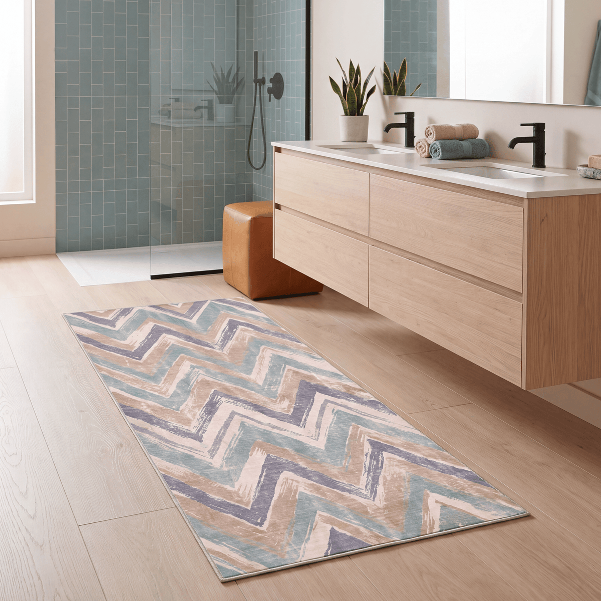 Heath2 Modern Brushstroke Stripe Teal Beige Slate Washable Indoor Outdoor Rug - RugzellaDigital Print RugRugzellaRugzellaBBB423-RECT-24x47-60x120cmRGZLLA122496Rectangle2' x 3'11" (60x120 cm)RUNNER | Heath2 runner bathroom