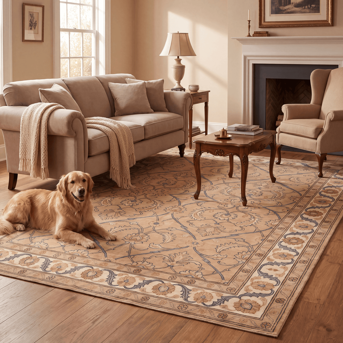 Honesty Traditional Floral Border Camel Cream Indigo Washable Indoor Outdoor Entryway Rug - RugzellaDigital Print RugRugzellaRugzellaBBB579-RECT-24x47-60x120cmRGZLLA174421Rectangle2' x 3'11" (60x120 cm)RECTANGLE | Honesty rectangle livingroom