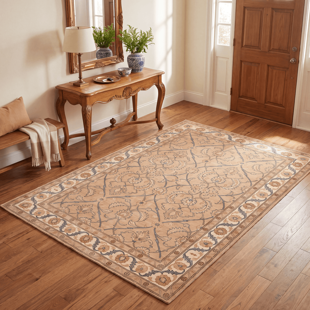 Honesty Traditional Floral Border Camel Cream Indigo Washable Indoor Outdoor Entryway Rug - RugzellaDigital Print RugRugzellaRugzellaBBB579-RECT-24x47-60x120cmRGZLLA174421Rectangle2' x 3'11" (60x120 cm)RECTANGLE | Honesty rectangle entryway
