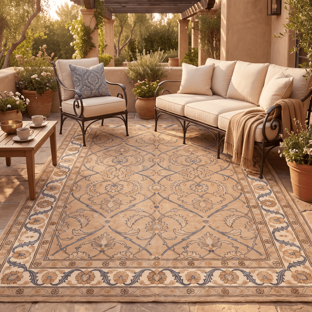 Honesty Traditional Floral Border Camel Cream Indigo Washable Indoor Outdoor Entryway Rug - RugzellaDigital Print RugRugzellaRugzellaBBB579-RECT-24x47-60x120cmRGZLLA174421Rectangle2' x 3'11" (60x120 cm)RECTANGLE | Honesty rectangle outdoor