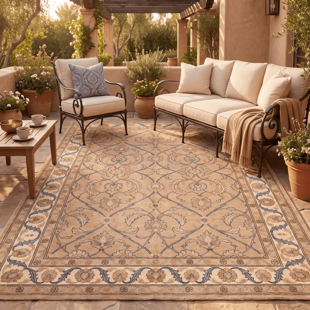 Honesty Traditional Floral Border Camel Cream Indigo Washable Indoor Outdoor Entryway Rug - RugzellaDigital Print RugRugzellaRugzellaBBB579-RECT-24x47-60x120cmRGZLLA174421Rectangle2' x 3'11" (60x120 cm)RECTANGLE | Honesty rectangle outdoor