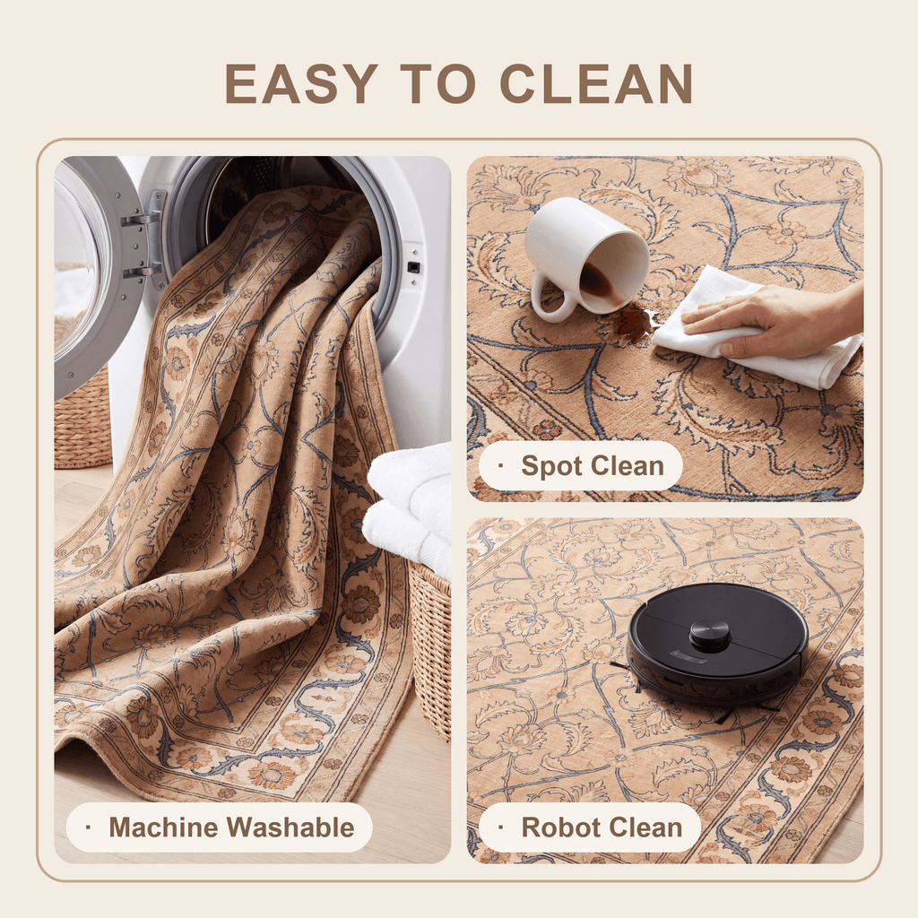 Honesty Traditional Floral Border Camel Cream Indigo Washable Indoor Outdoor Entryway Rug - RugzellaDigital Print RugRugzellaRugzellaBBB579-RECT-24x47-60x120cmRGZLLA174421Rectangle2' x 3'11" (60x120 cm)SHARED | Honesty feature clean