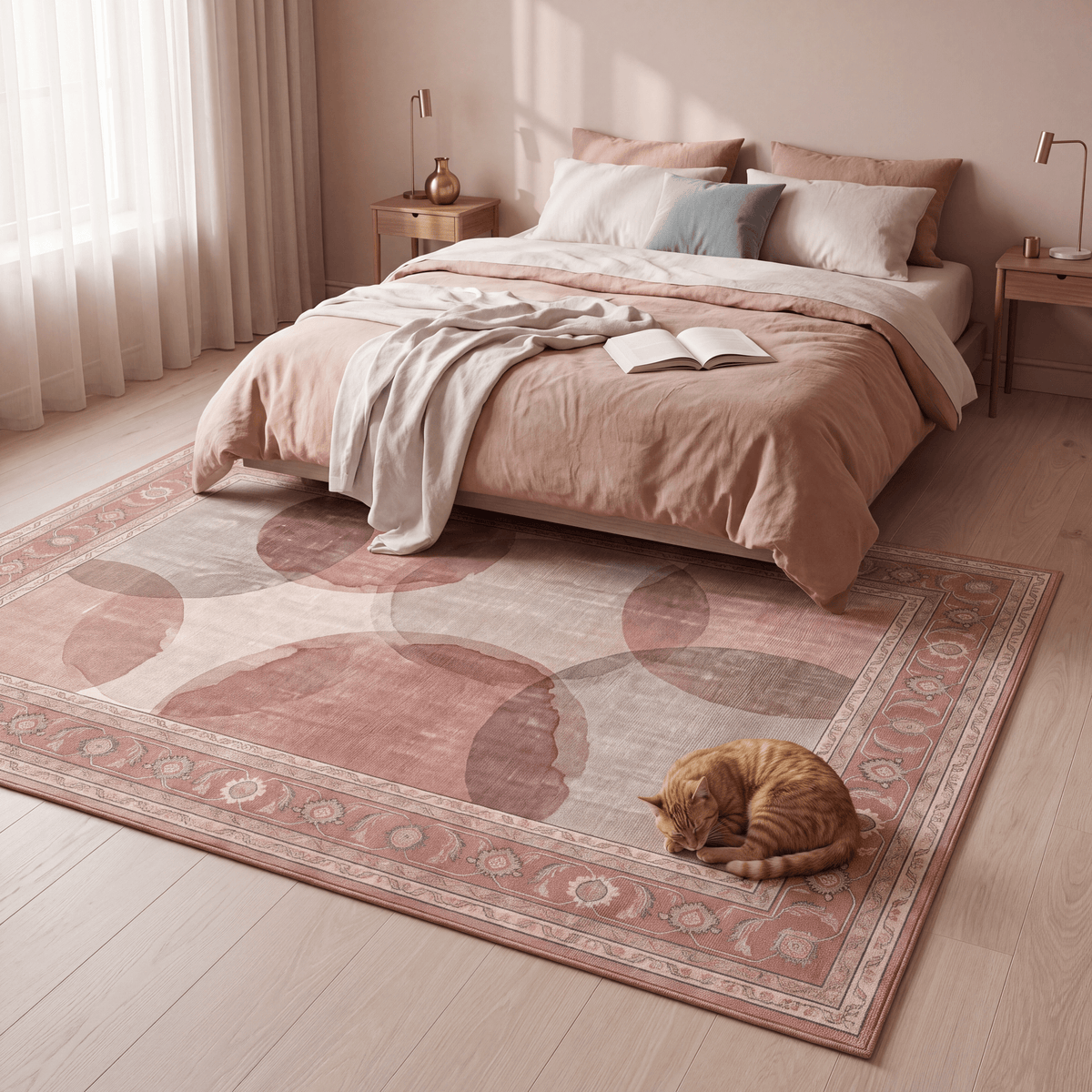 The rug at the foot of a bed with a cat asleep on it.