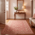 Hornwort Traditional Floral Border Rose Madder Cream Washable Indoor Outdoor Entryway Rug - RugzellaDigital Print RugRugzellaRugzellaBBB581-RECT-24x47-60x120cmRGZLLA175091Rectangle2' x 3'11" (60x120 cm)RECTANGLE | Hornwort rectangle entryway