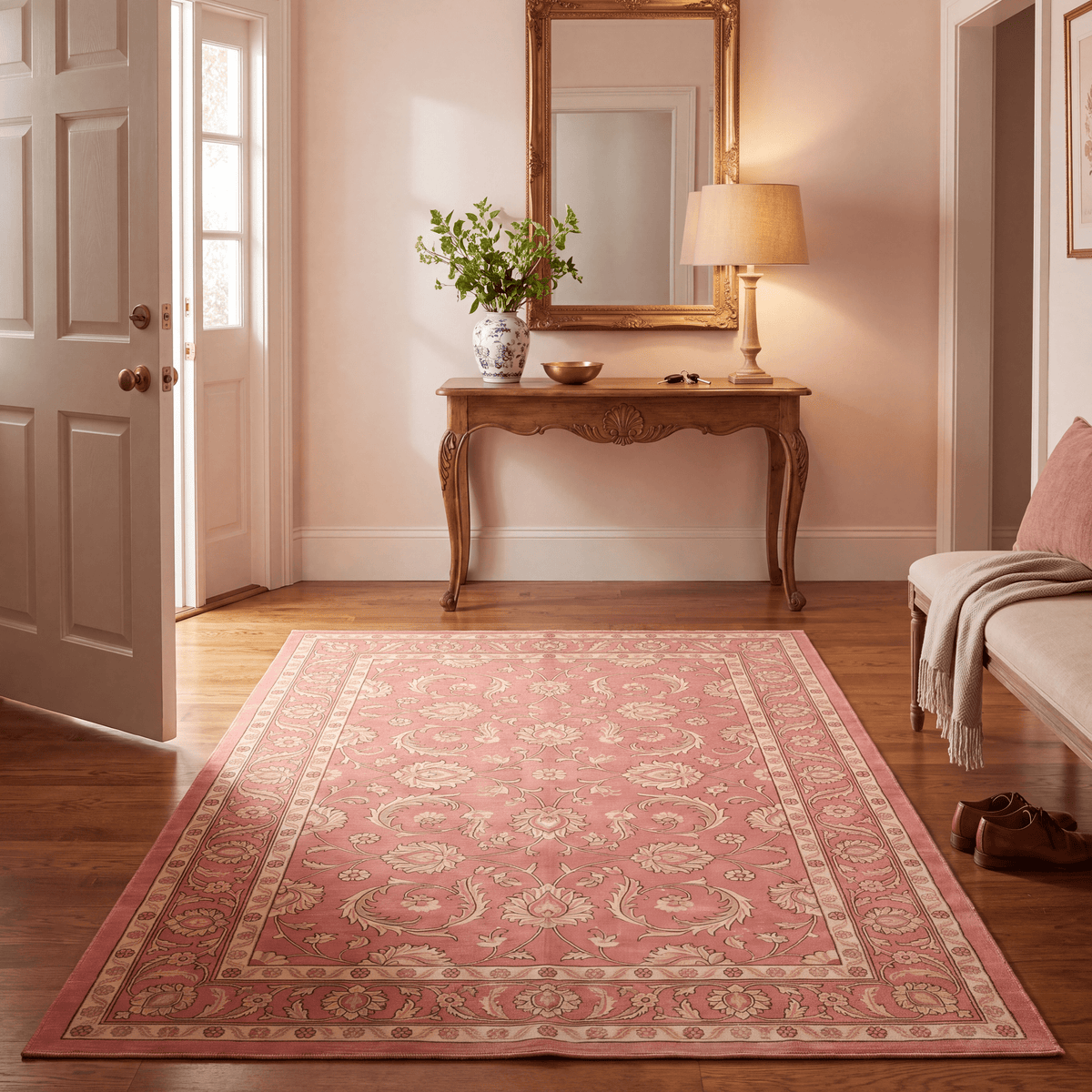Hornwort Traditional Floral Border Rose Madder Cream Washable Indoor Outdoor Entryway Rug - RugzellaDigital Print RugRugzellaRugzellaBBB581-RECT-24x47-60x120cmRGZLLA175091Rectangle2' x 3'11" (60x120 cm)RECTANGLE | Hornwort rectangle entryway