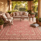 Hornwort Traditional Floral Border Rose Madder Cream Washable Indoor Outdoor Entryway Rug - RugzellaDigital Print RugRugzellaRugzellaBBB581-RECT-24x47-60x120cmRGZLLA175091Rectangle2' x 3'11" (60x120 cm)RECTANGLE | Hornwort rectangle outdoor