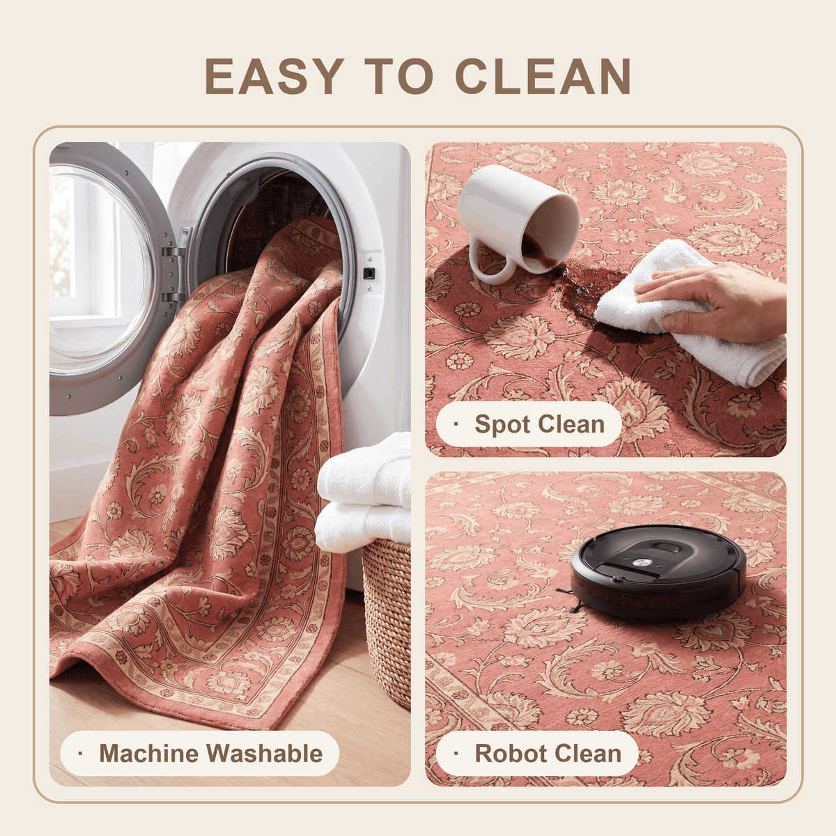 Hornwort Traditional Floral Border Rose Madder Cream Washable Indoor Outdoor Entryway Rug - RugzellaDigital Print RugRugzellaRugzellaBBB581-RECT-24x47-60x120cmRGZLLA175091Rectangle2' x 3'11" (60x120 cm)SHARED | Hornwort feature clean