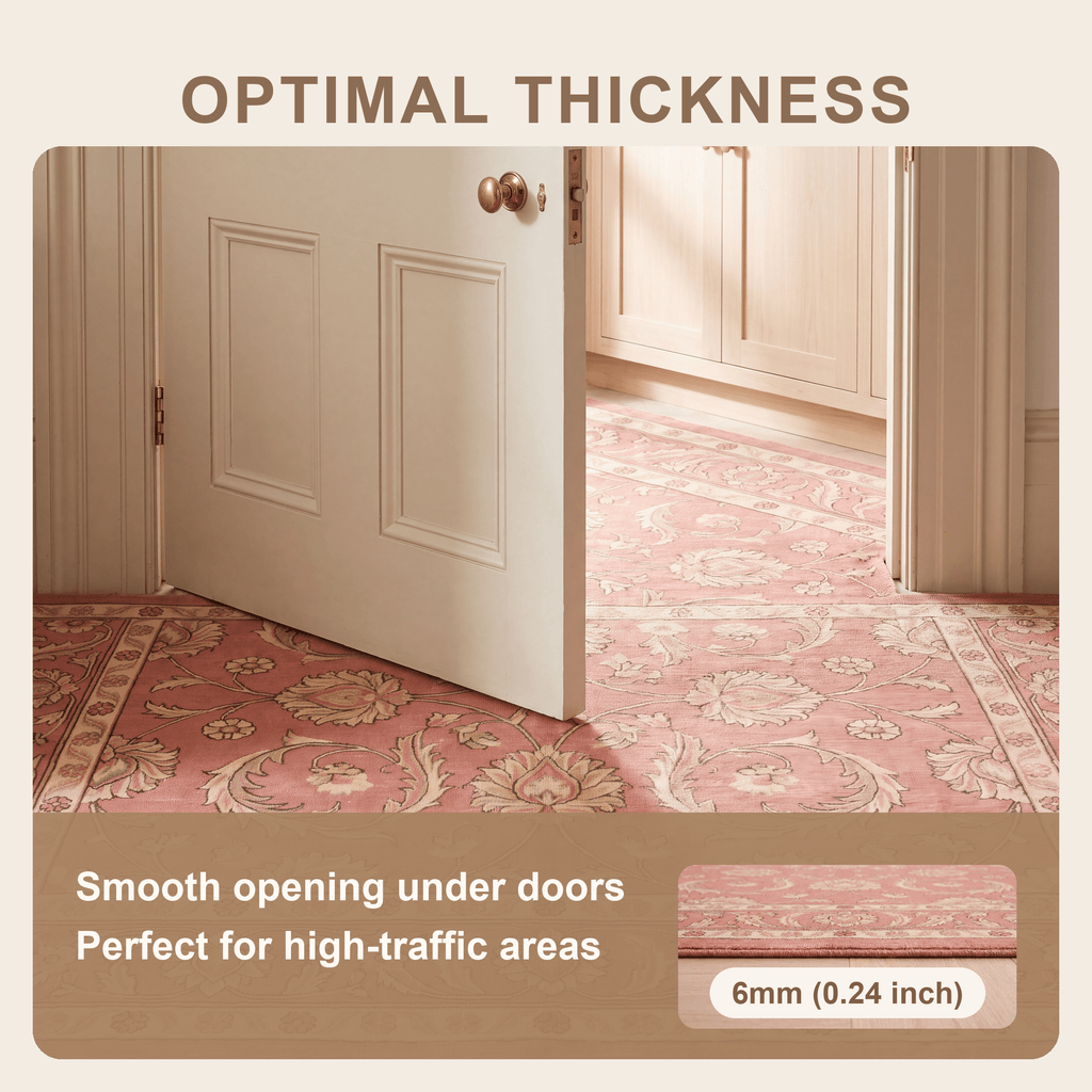 Hornwort Traditional Floral Border Rose Madder Cream Washable Indoor Outdoor Entryway Rug - RugzellaDigital Print RugRugzellaRugzellaBBB581-RECT-24x47-60x120cmRGZLLA175091Rectangle2' x 3'11" (60x120 cm)SHARED | Hornwort feature thickness