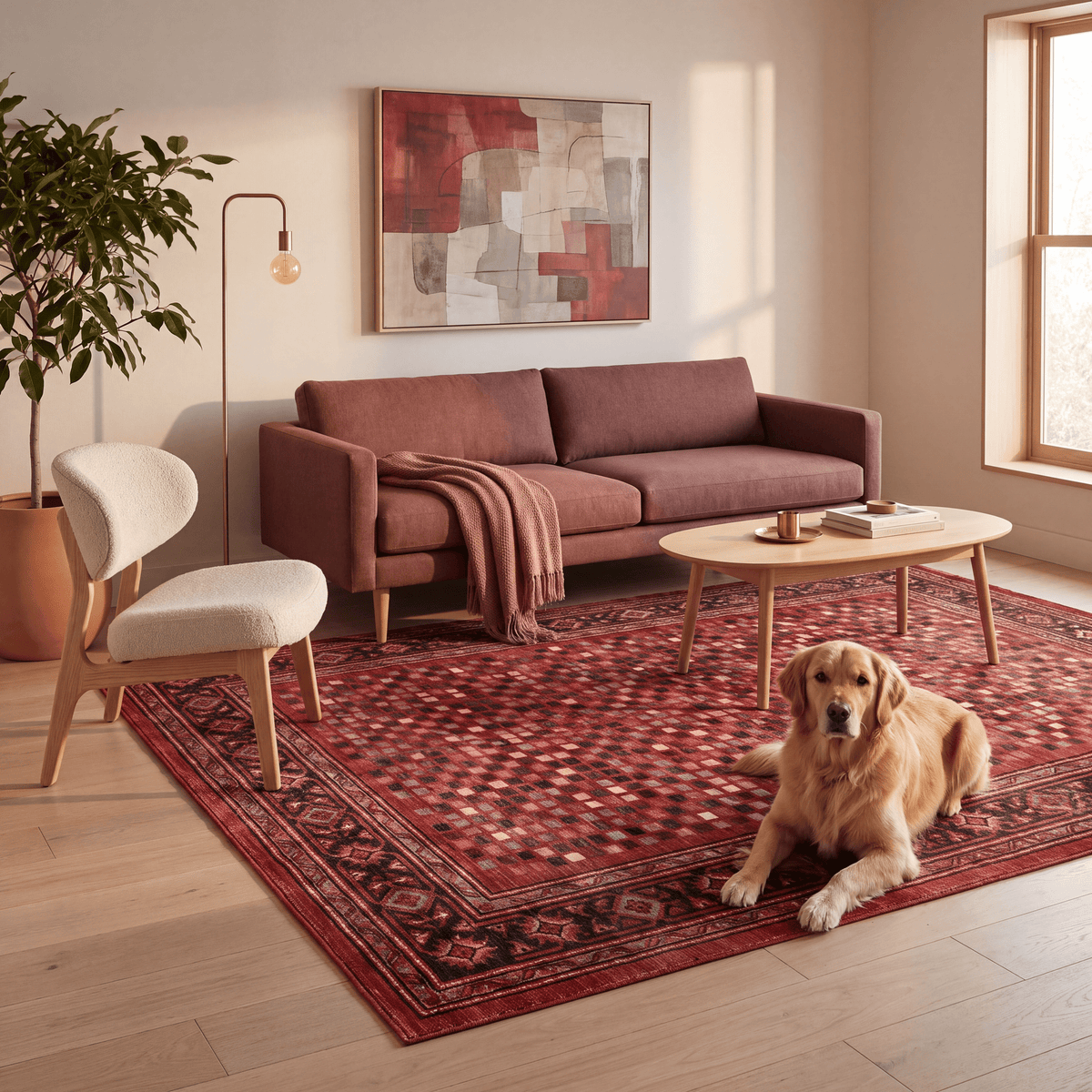 A dog resting on the rug in a living room.