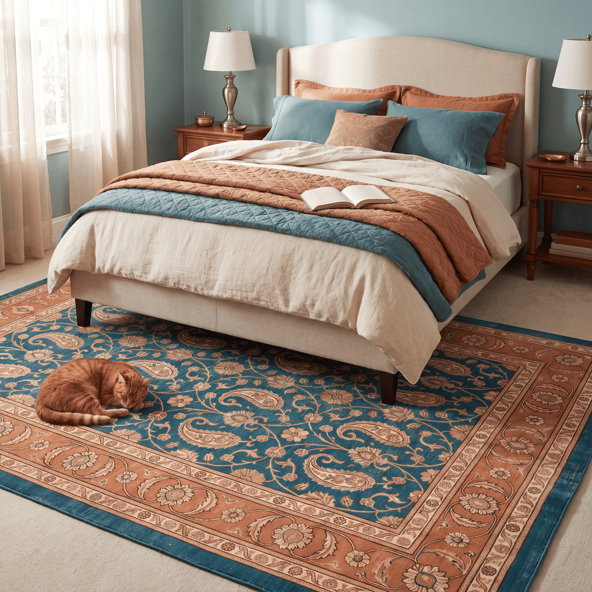 Hyssop Traditional All-Over Floral Bordered Teal Copper Cream Washable Indoor Outdoor Entryway Rug - RugzellaDigital Print RugRugzellaRugzellaBBB585-RECT-24x47-60x120cmRGZLLA176431Rectangle2' x 3'11" (60x120 cm)RECTANGLE | Hyssop rectangle bedroom