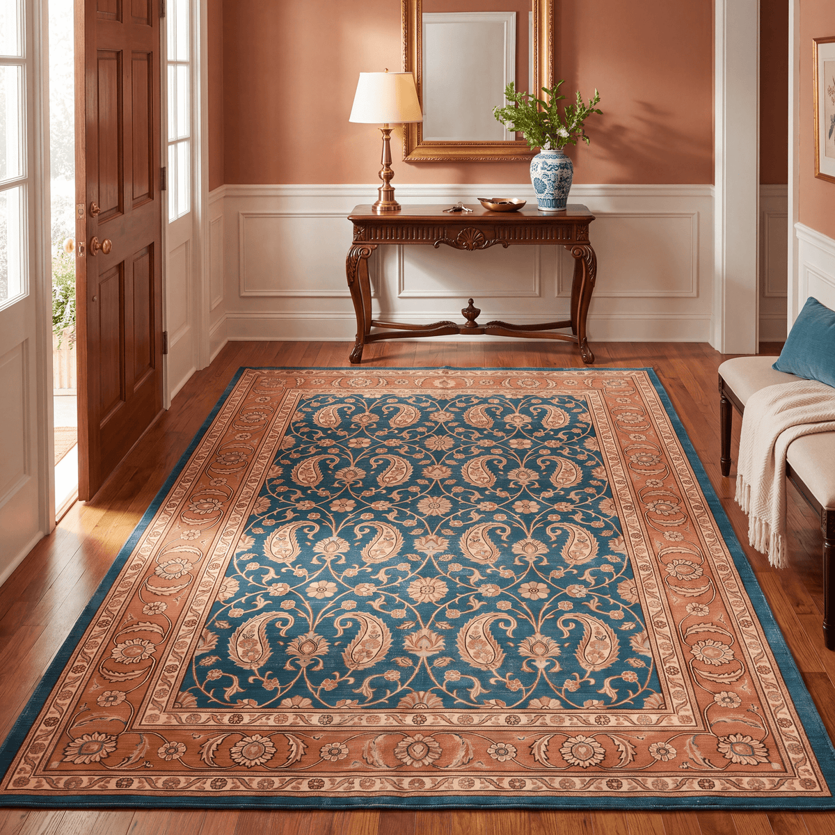 Hyssop Traditional All-Over Floral Bordered Teal Copper Cream Washable Indoor Outdoor Entryway Rug - RugzellaDigital Print RugRugzellaRugzellaBBB585-RECT-24x47-60x120cmRGZLLA176431Rectangle2' x 3'11" (60x120 cm)RECTANGLE | Hyssop rectangle entryway