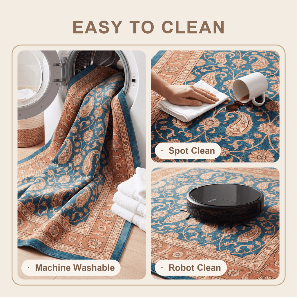 Hyssop Traditional All-Over Floral Bordered Teal Copper Cream Washable Indoor Outdoor Entryway Rug - RugzellaDigital Print RugRugzellaRugzellaBBB585-RECT-24x47-60x120cmRGZLLA176431Rectangle2' x 3'11" (60x120 cm)SHARED | Hyssop feature clean
