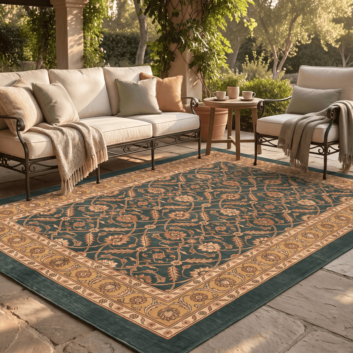 Inlet2 Traditional Floral Border Forest Green Gold Cream Washable Indoor Outdoor Rug - RugzellaDigital Print RugRugzellaRugzellaBBB425-RECT-24x47-60x120cmRGZLLA123166Rectangle2' x 3'11" (60x120 cm)RECTANGLE | Inlet2 rectangle outdoor