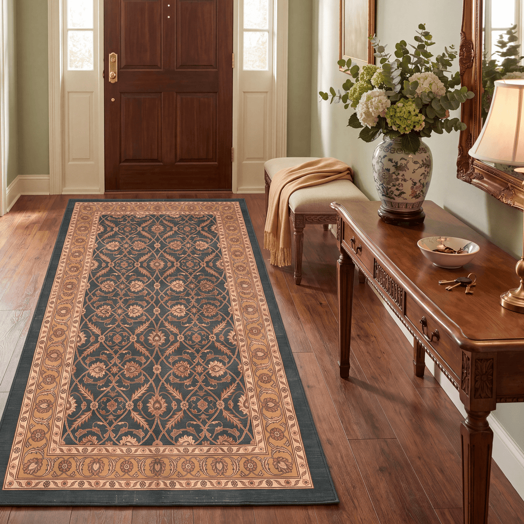 Inlet2 Traditional Floral Border Forest Green Gold Cream Washable Indoor Outdoor Rug - RugzellaDigital Print RugRugzellaRugzellaBBB425-RECT-24x47-60x120cmRGZLLA123166Rectangle2' x 3'11" (60x120 cm)RUNNER | Inlet2 runner entryway