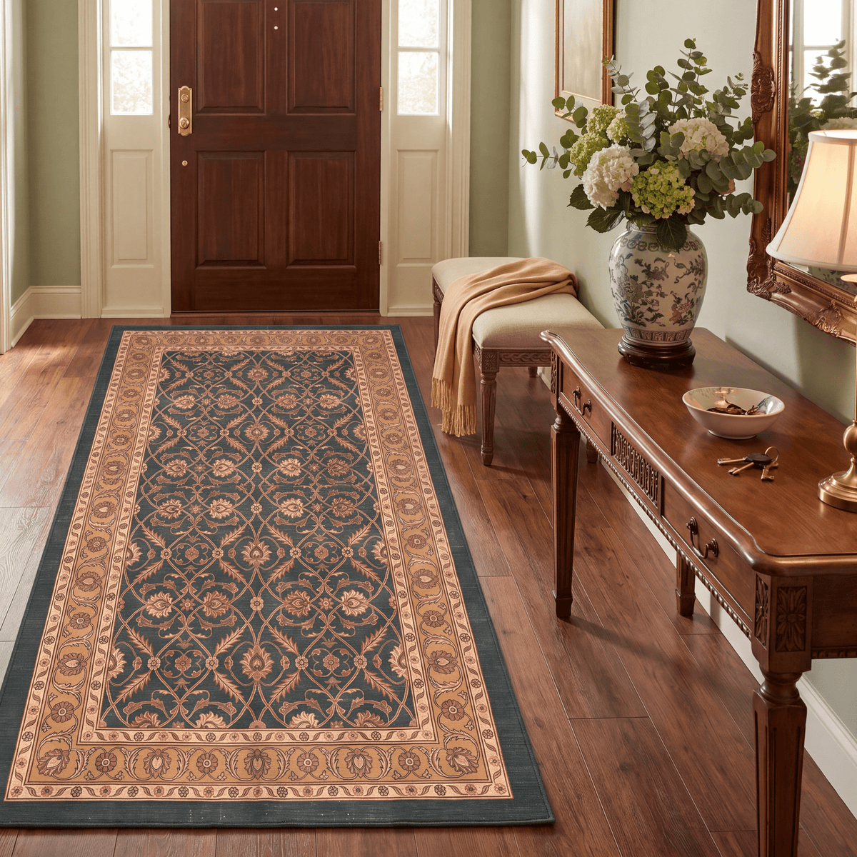 Inlet2 Traditional Floral Border Forest Green Gold Cream Washable Indoor Outdoor Rug - RugzellaDigital Print RugRugzellaRugzellaBBB425-RECT-24x47-60x120cmRGZLLA123166Rectangle2' x 3'11" (60x120 cm)RUNNER | Inlet2 runner entryway