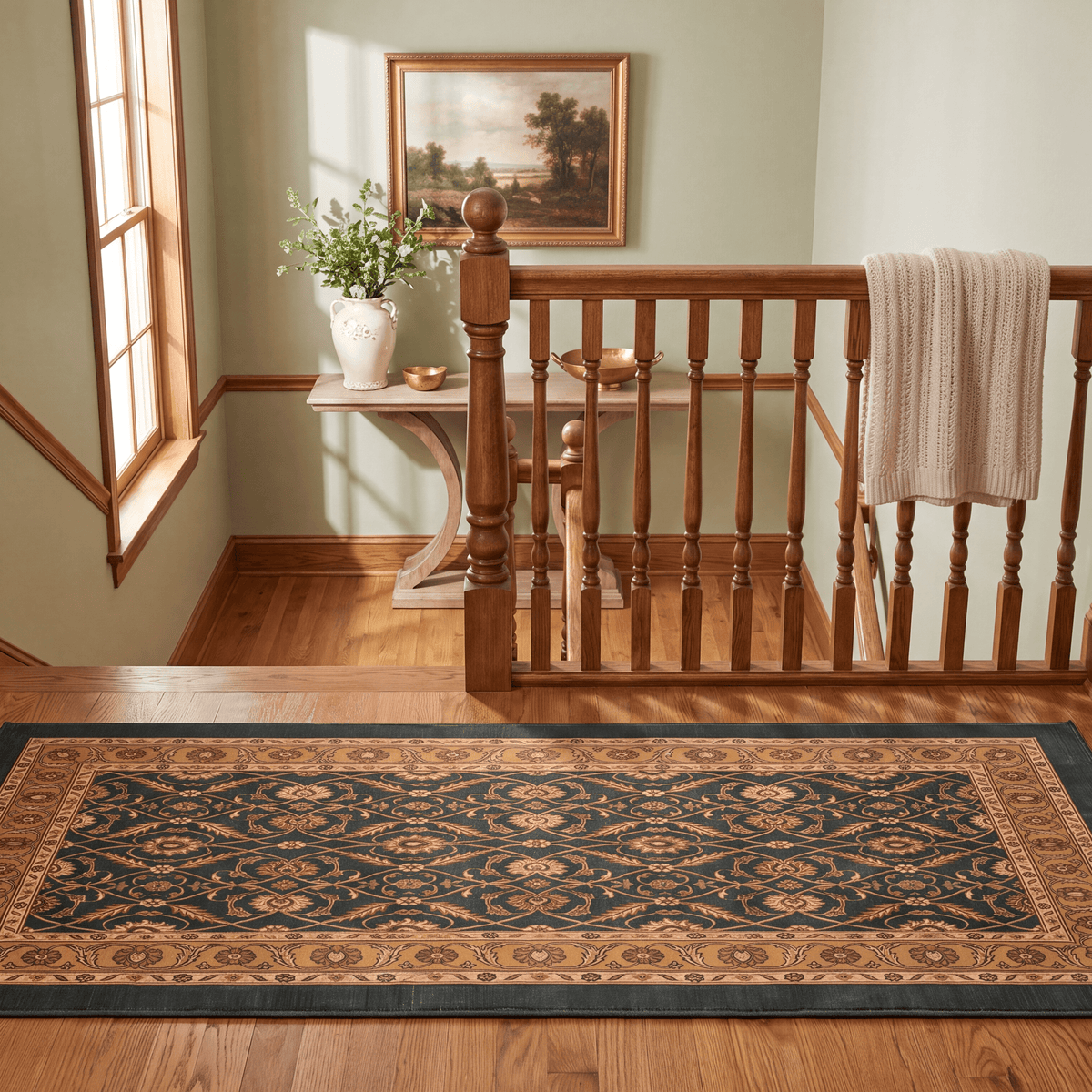 Inlet2 Traditional Floral Border Forest Green Gold Cream Washable Indoor Outdoor Rug - RugzellaDigital Print RugRugzellaRugzellaBBB425-RECT-24x47-60x120cmRGZLLA123166Rectangle2' x 3'11" (60x120 cm)RUNNER | Inlet2 runner staircase