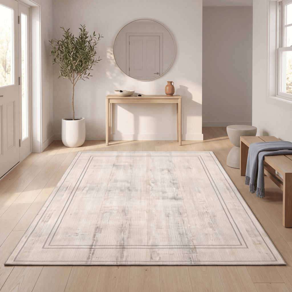 Ivyleaf Modern Minimalist Border Cream Grey Soft Blue Tan Washable Indoor Outdoor Entryway Rug - RugzellaDigital Print RugRugzellaRugzellaBBB586-RECT-24x47-60x120cmRGZLLA176766Rectangle2' x 3'11" (60x120 cm)RECTANGLE | Ivyleaf rectangle entryway