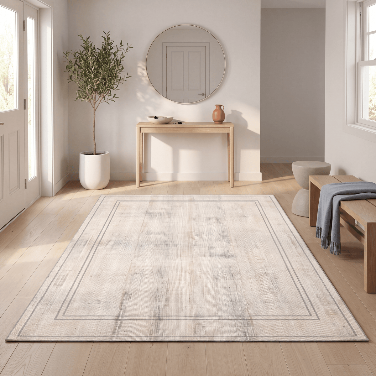 Ivyleaf Modern Minimalist Border Cream Grey Soft Blue Tan Washable Indoor Outdoor Entryway Rug - RugzellaDigital Print RugRugzellaRugzellaBBB586-RECT-24x47-60x120cmRGZLLA176766Rectangle2' x 3'11" (60x120 cm)RECTANGLE | Ivyleaf rectangle entryway