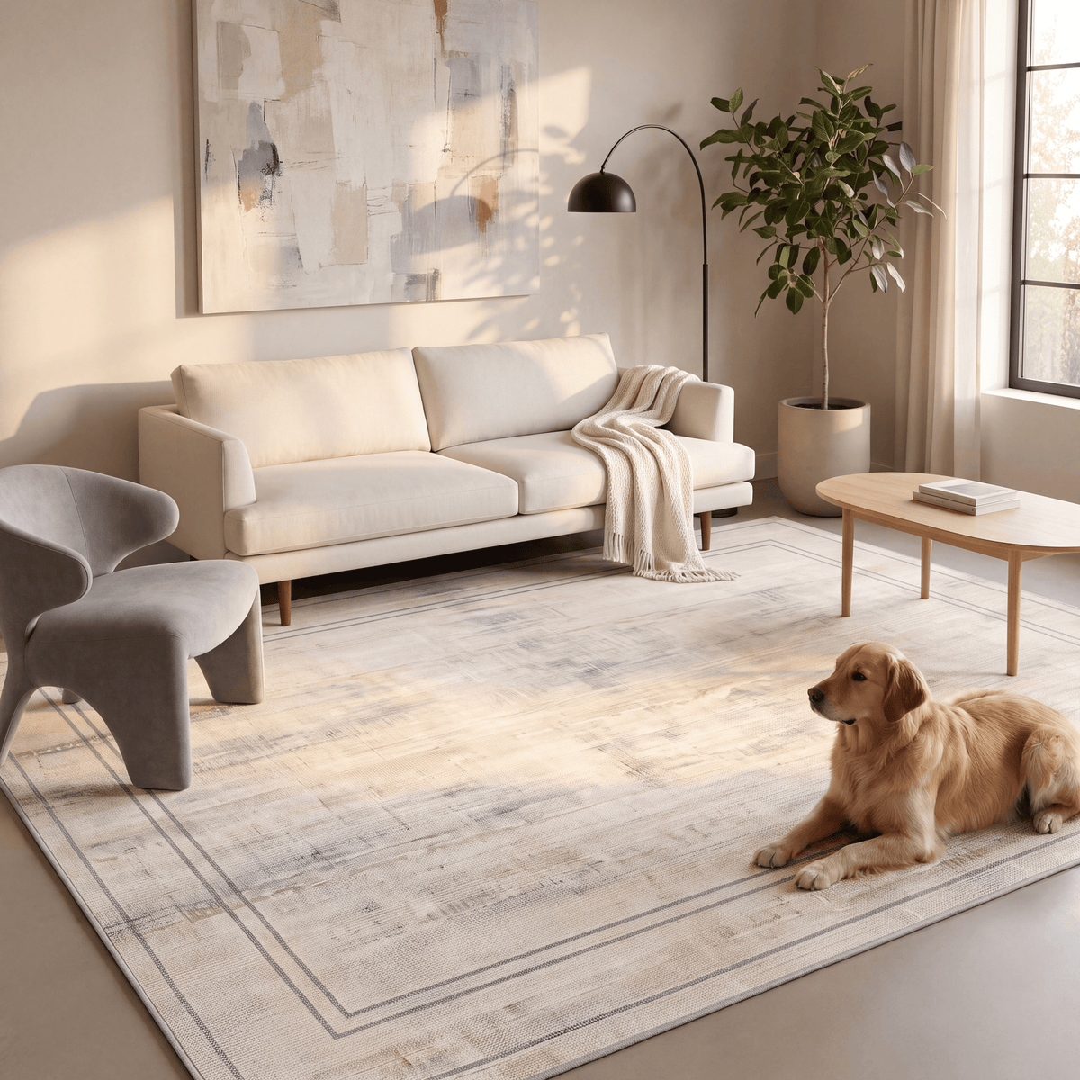 A dog resting on the rug in a living room.