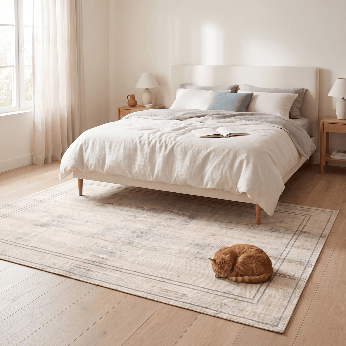 The rug at the foot of a bed with a cat asleep on it.