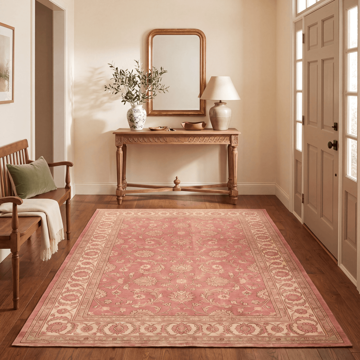 Jonquil Traditional Overdyed Medallion Rose Madder Cream Washable Indoor Outdoor Entryway Rug - RugzellaDigital Print RugRugzellaRugzellaBBB587-RECT-24x47-60x120cmRGZLLA177101Rectangle2' x 3'11" (60x120 cm)RECTANGLE | Jonquil rectangle entryway