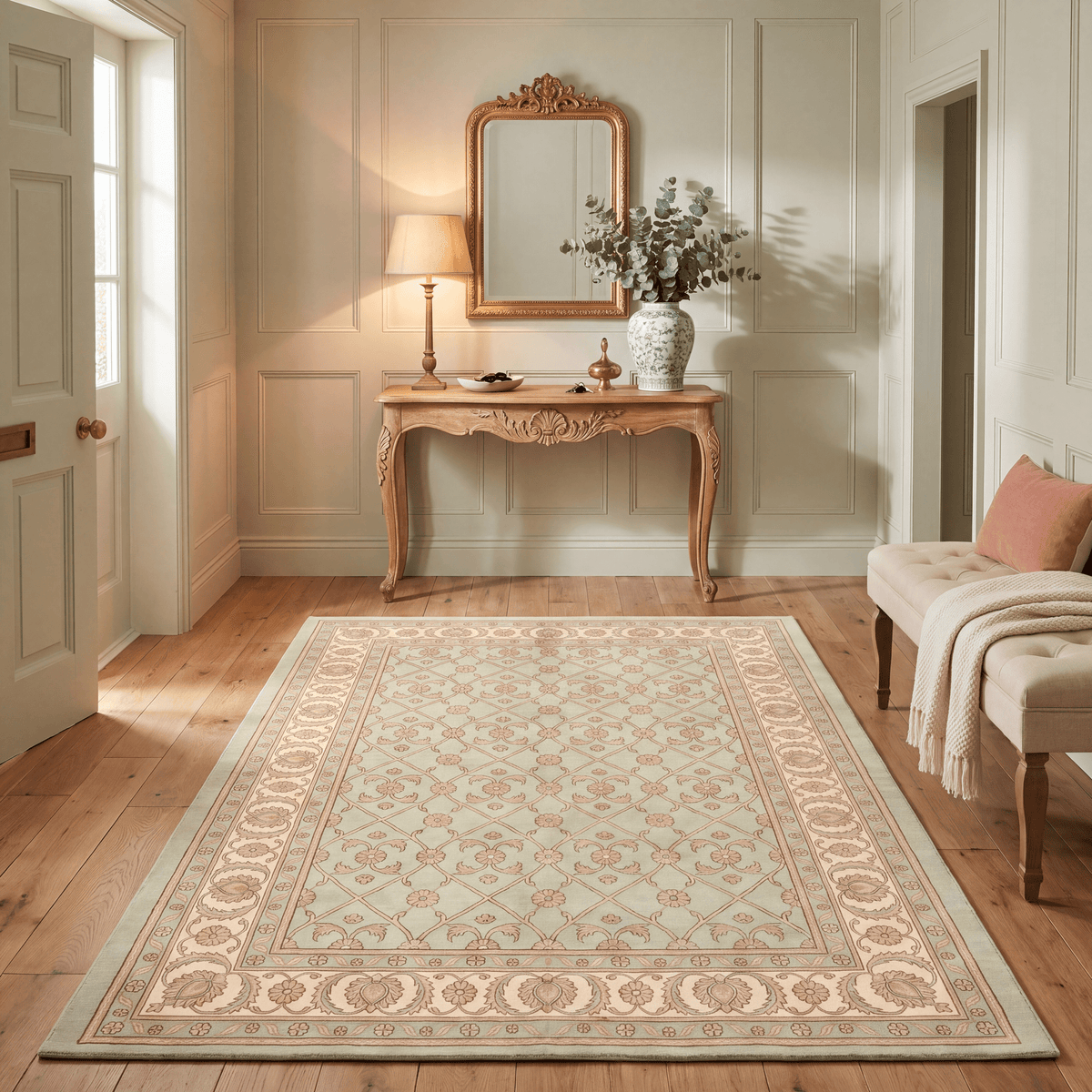 Kelder Traditional All-Over Floral Border Sage Ivory Rose Washable Indoor Outdoor Entryway Rug - RugzellaDigital Print RugRugzellaRugzellaBBB458-RECT-24x47-60x120cmRGZLLA130871Rectangle2' x 3'11" (60x120 cm)RECTANGLE | Kelder rectangle entryway