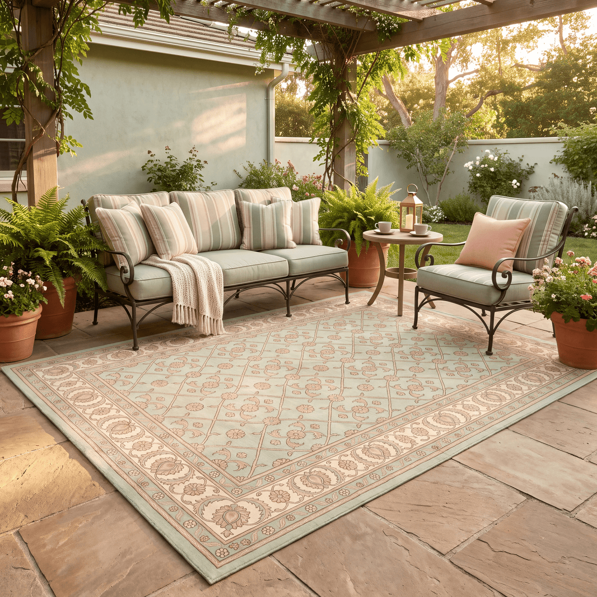 The rug laid flat on a patio beside outdoor seating.