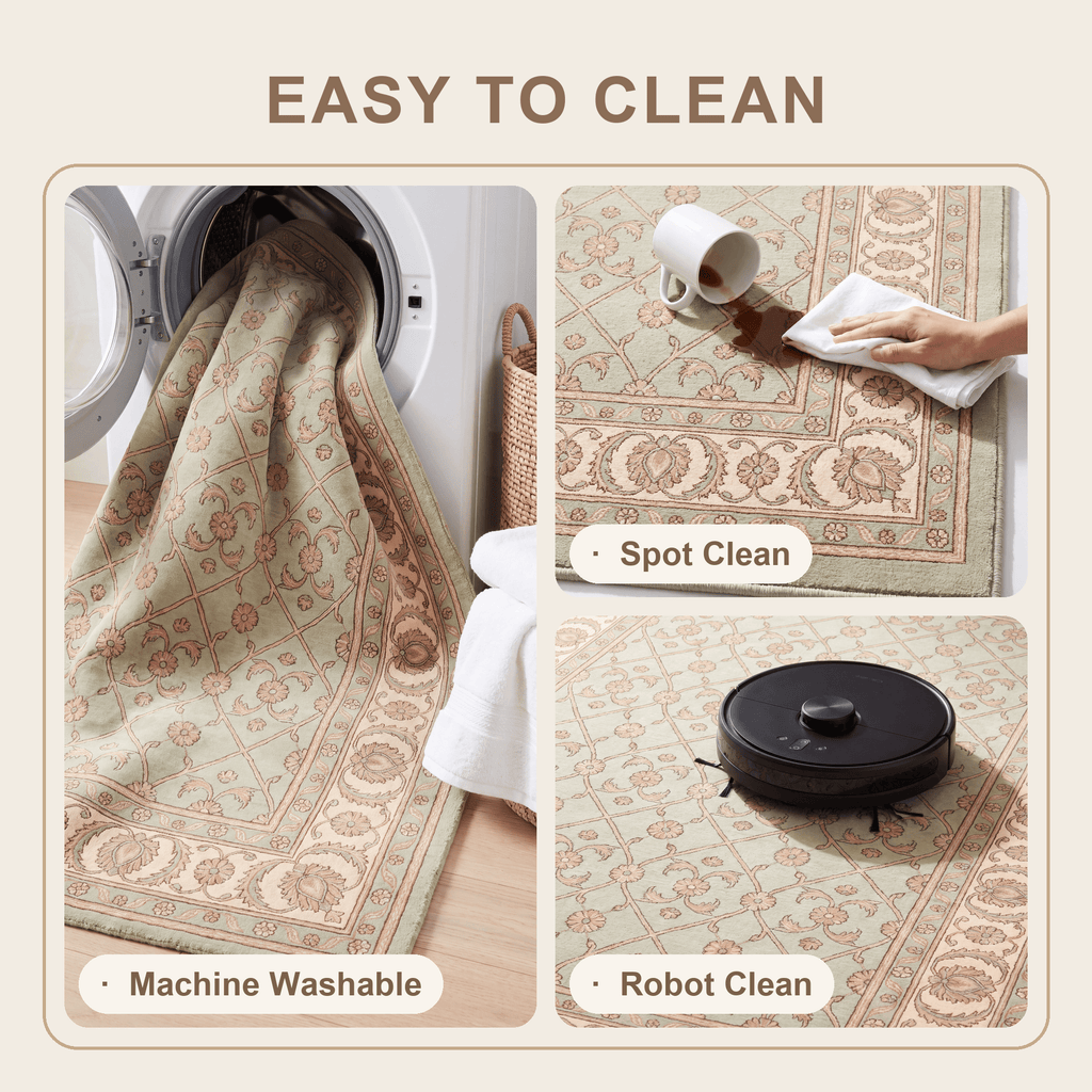 Kelder Traditional All-Over Floral Border Sage Ivory Rose Washable Indoor Outdoor Entryway Rug - RugzellaDigital Print RugRugzellaRugzellaBBB458-RECT-24x47-60x120cmRGZLLA130871Rectangle2' x 3'11" (60x120 cm)SHARED | Kelder feature clean
