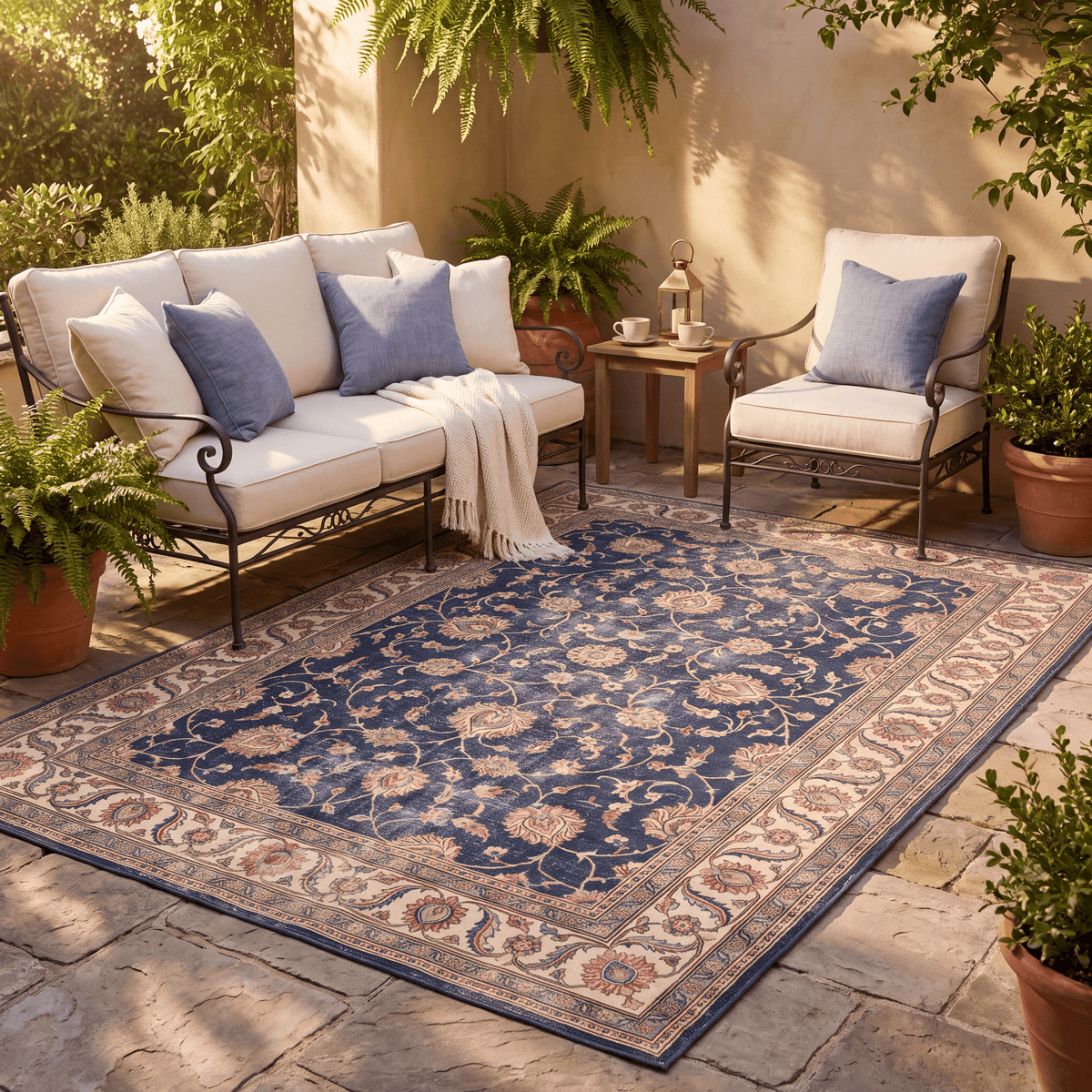 The rug laid flat on a patio beside outdoor seating.