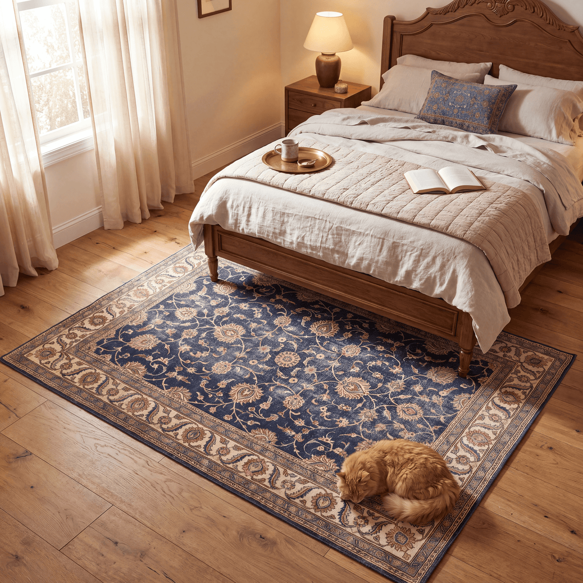The rug at the foot of a bed with a cat asleep on it.