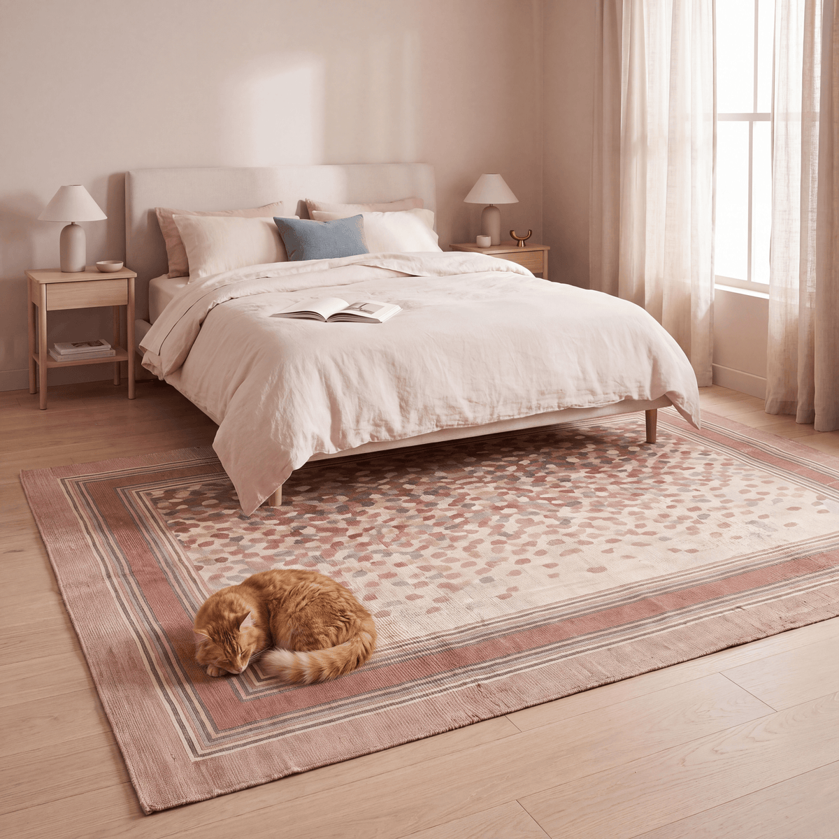 The rug at the foot of a bed with a cat asleep on it.