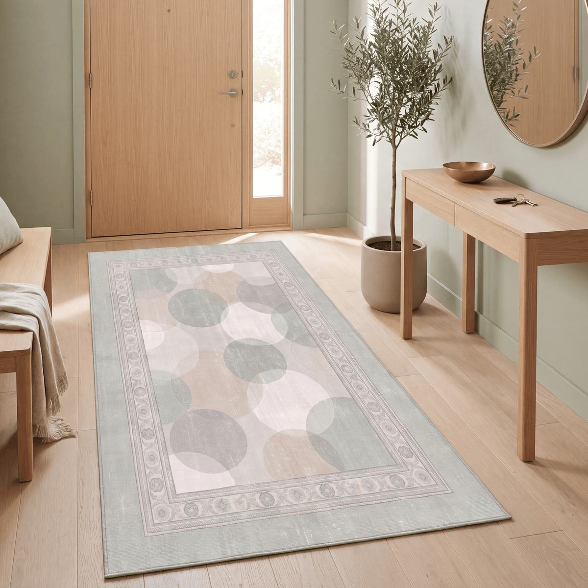 Knoll2 Modern Overlapping Circles Sage Green Linen Fog Washable Indoor Outdoor Rug - RugzellaDigital Print RugRugzellaRugzellaBBB426-RECT-24x47-60x120cmRGZLLA123501Rectangle2' x 3'11" (60x120 cm)RUNNER | Knoll2 runner entryway