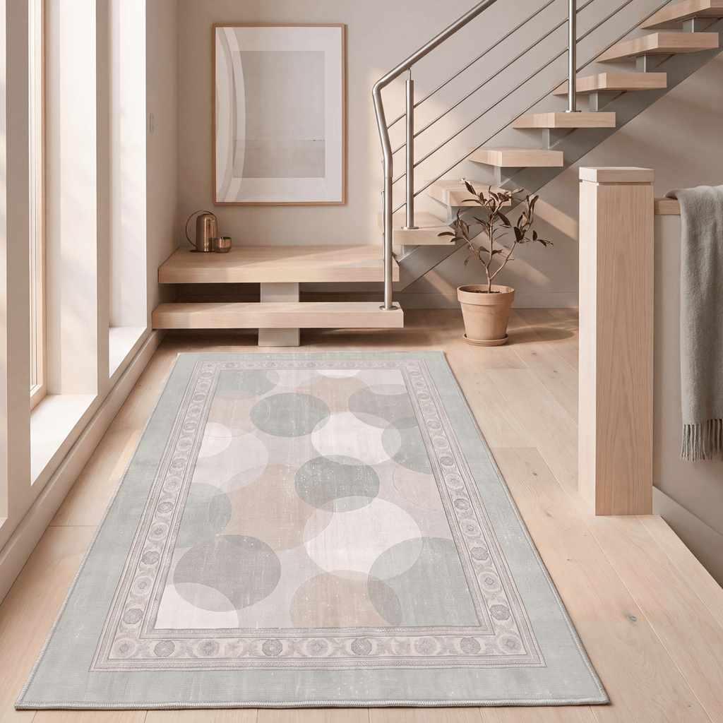 Knoll2 Modern Overlapping Circles Sage Green Linen Fog Washable Indoor Outdoor Rug - RugzellaDigital Print RugRugzellaRugzellaBBB426-RECT-24x47-60x120cmRGZLLA123501Rectangle2' x 3'11" (60x120 cm)RUNNER | Knoll2 runner staircase