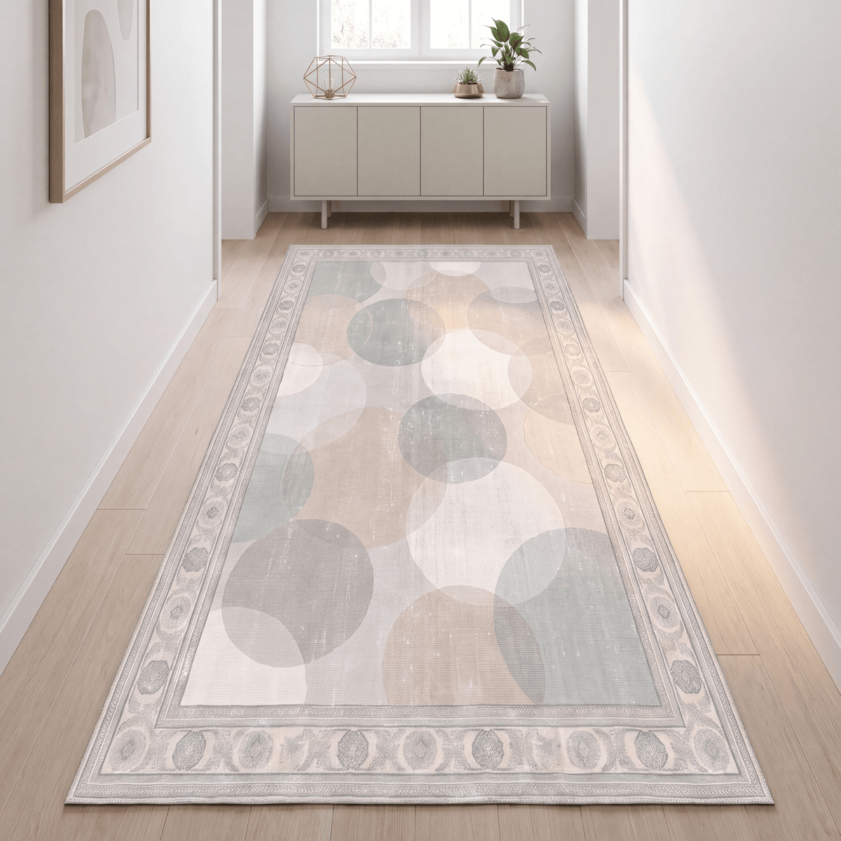 Knoll2 Modern Overlapping Circles Sage Green Linen Fog Washable Indoor Outdoor Rug - RugzellaDigital Print RugRugzellaRugzellaBBB426-RECT-24x47-60x120cmRGZLLA123501Rectangle2' x 3'11" (60x120 cm)RUNNER | Knoll2 runner hallway