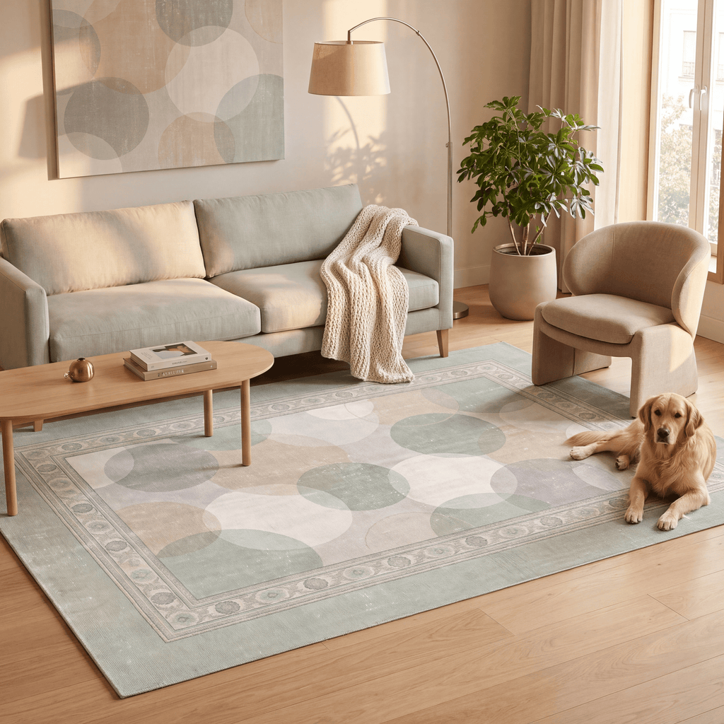 Knoll2 Modern Overlapping Circles Sage Green Linen Fog Washable Indoor Outdoor Rug - RugzellaDigital Print RugRugzellaRugzellaBBB426-RECT-24x47-60x120cmRGZLLA123501Rectangle2' x 3'11" (60x120 cm)RECTANGLE | Knoll2 rectangle livingroom