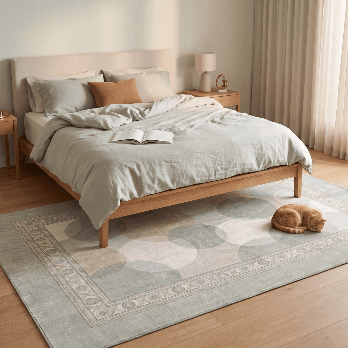 The rug at the foot of a bed with a cat asleep on it.