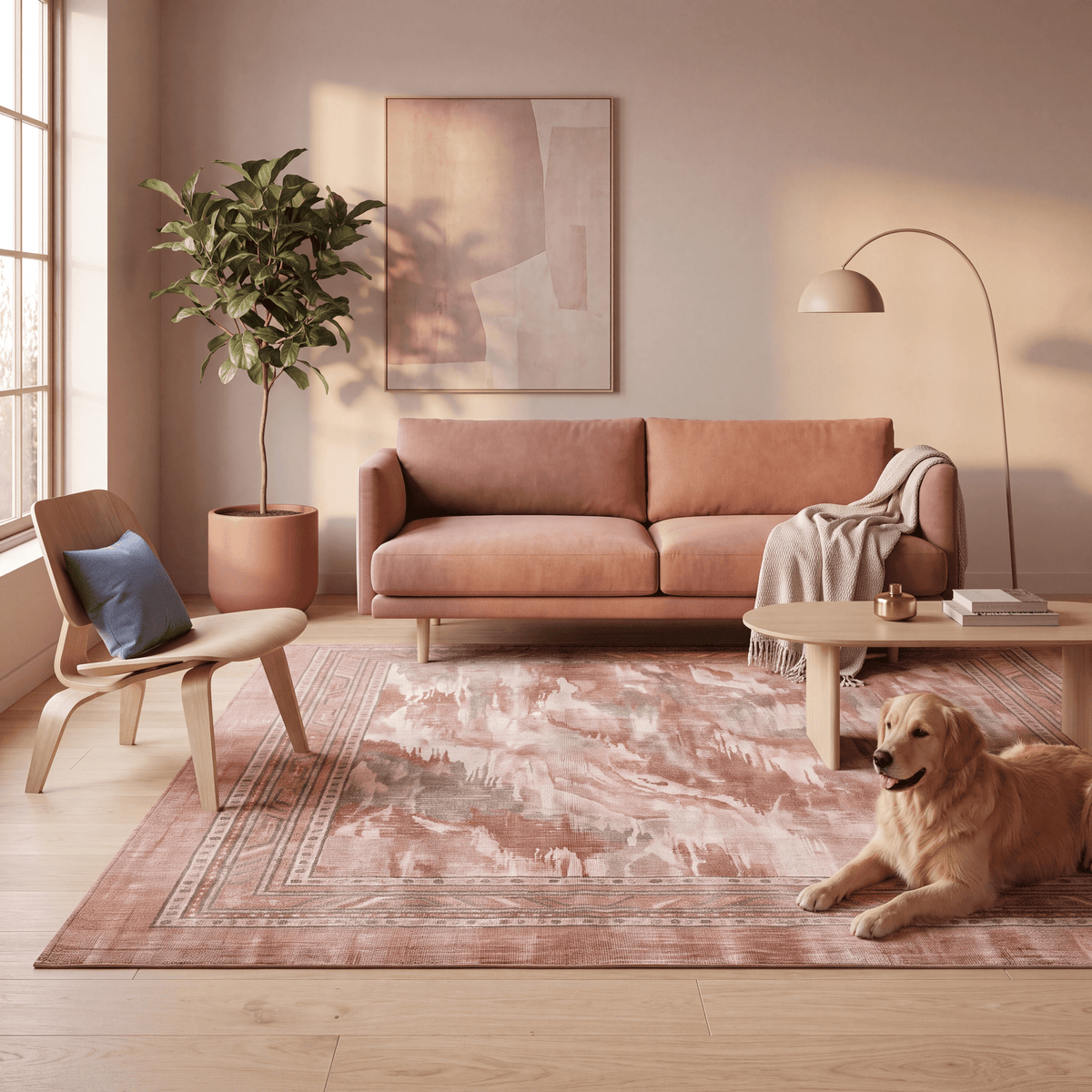 A dog resting on the rug in a living room.
