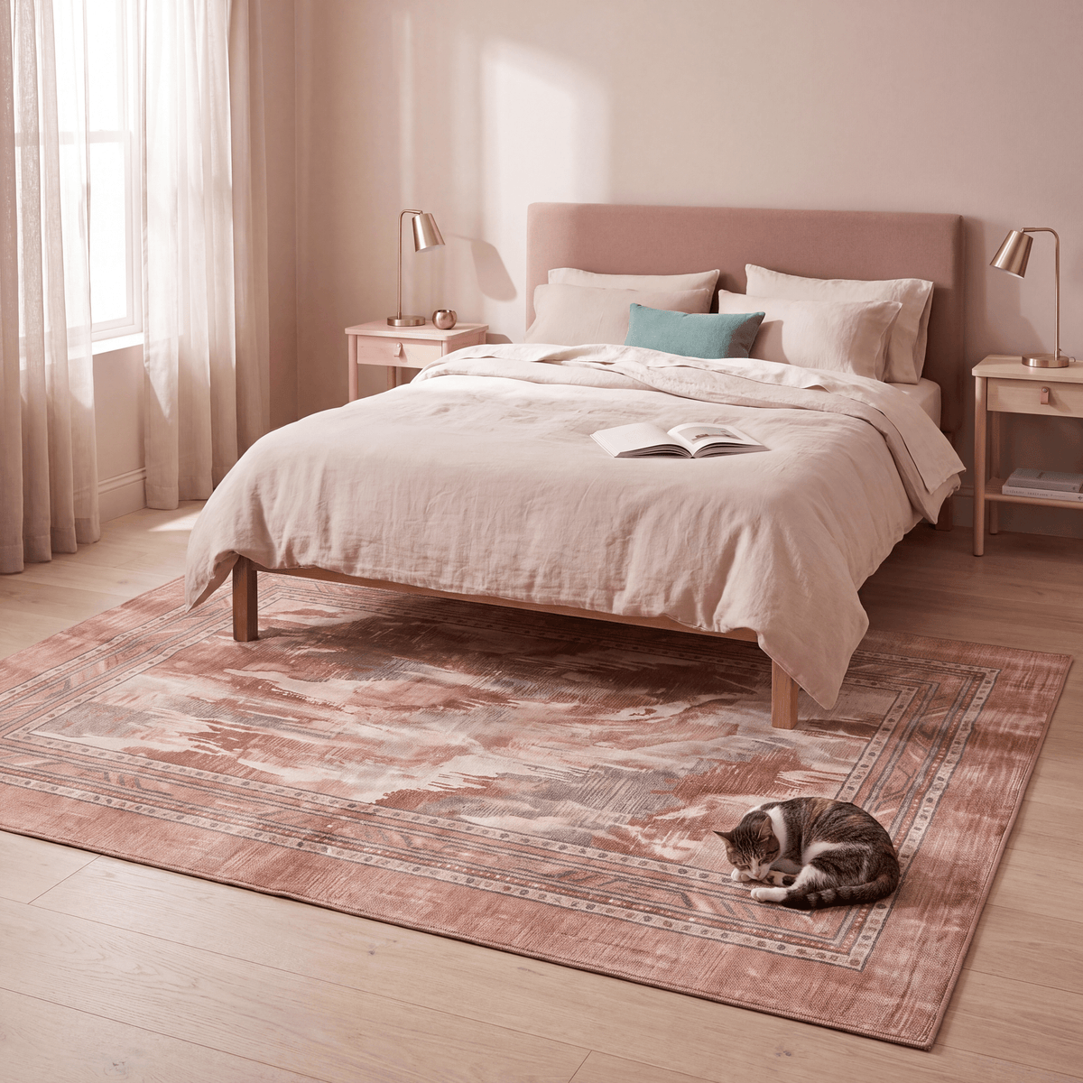 The rug at the foot of a bed with a cat asleep on it.