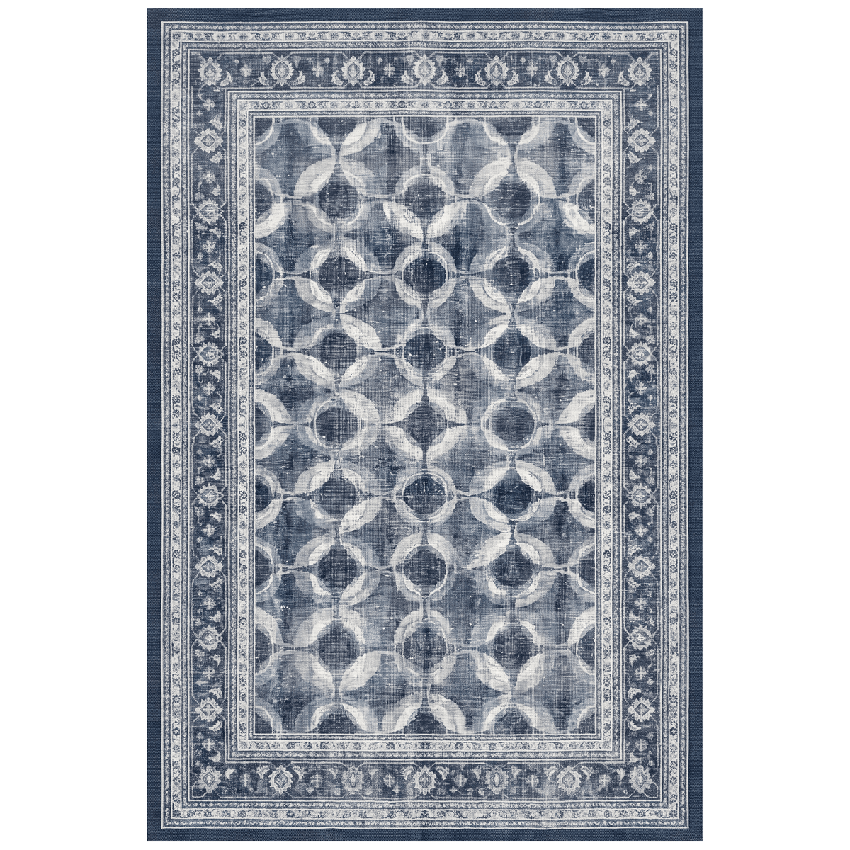 Knowe Modern Overlapping Circles Indigo Blue Grey Chalk White Washable Indoor Outdoor Entryway Rug - RugzellaDigital Print RugRugzellaRugzellaBBB460-RECT-24x47-60x120cmRGZLLA130536Rectangle2' x 3'11" (60x120 cm)RECTANGLE | HERO | Knowe rectangle